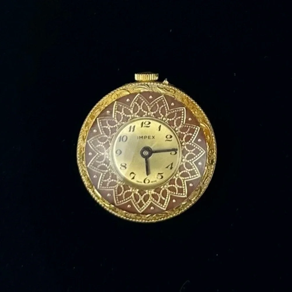 Vintage Impex Swiss Made Gold Tone Filigree Pocket Watch Pendant Floral Ornate